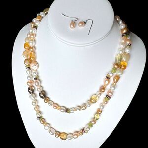 Honora 40" Freshwater Pearl & Gemstone Necklace w/ Earrings Citrine Smoky Quartz